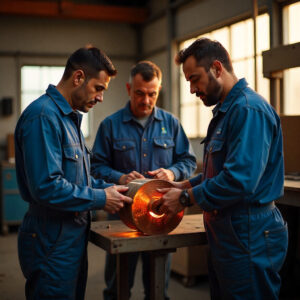 operarios en fabrica de bobinado industrial